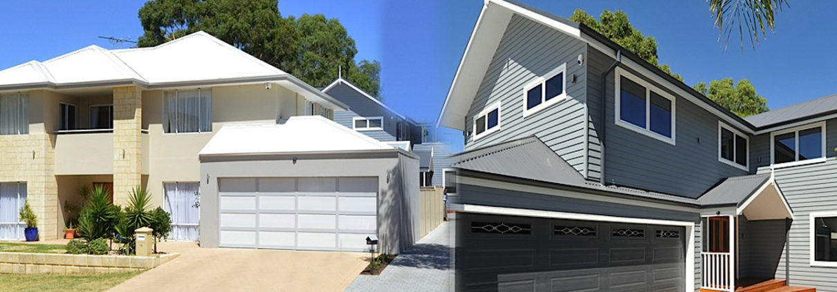 A picture of two houses with garage doors.